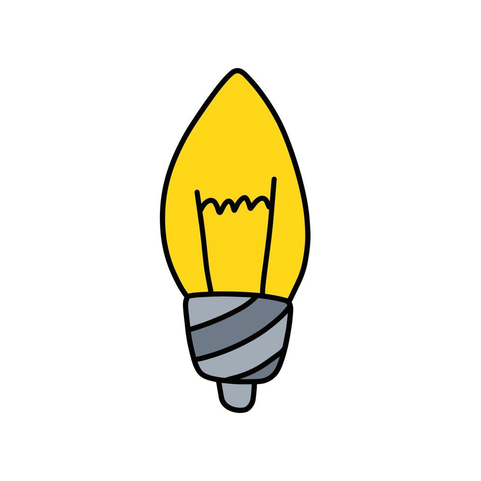 Light Bulb. Yellow electric device. Hand drawn illustration. Cartoon doodle lighting concept and idea vector