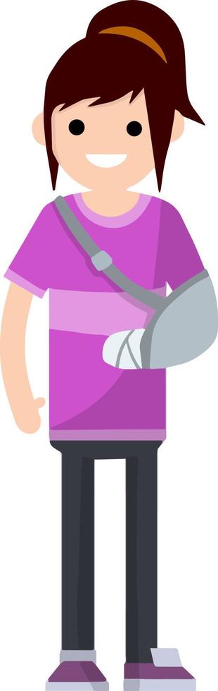 Woman with broken arm in the hospital. Providing medical care. Trauma patient girl. Hand in bandage. Cartoon flat illustration vector