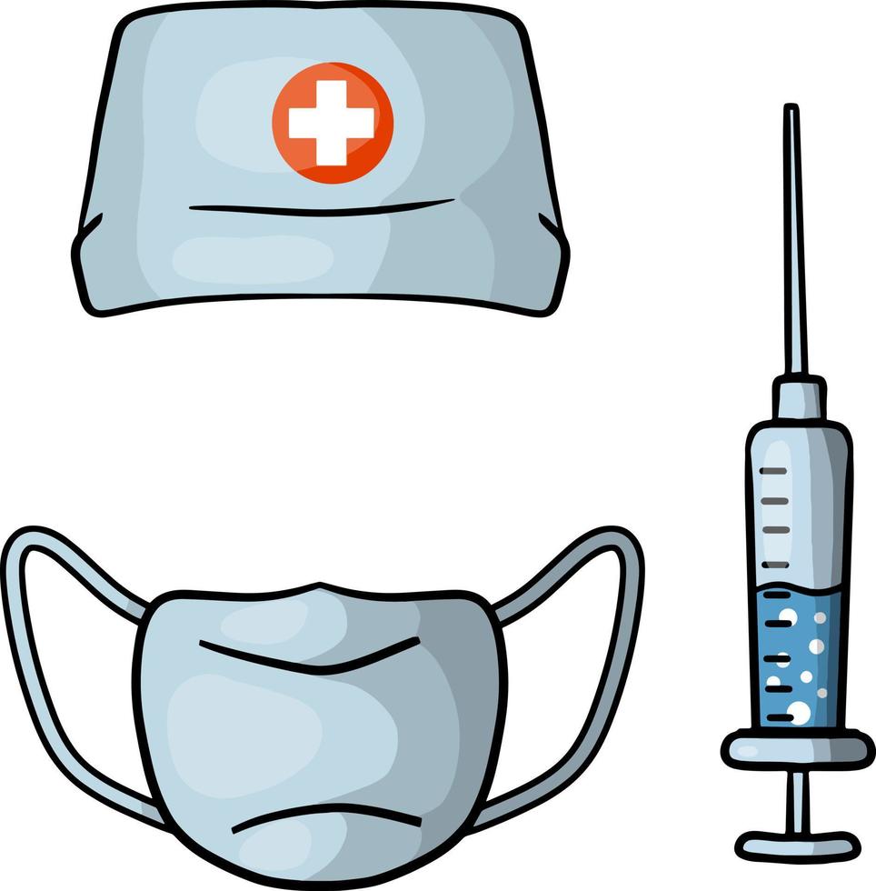 Medical mask and cap with cross. Doctor clothes. Set of white and blue clinic items. Protection from disease. Cartoon flat illustration. Syringe with medicine vector