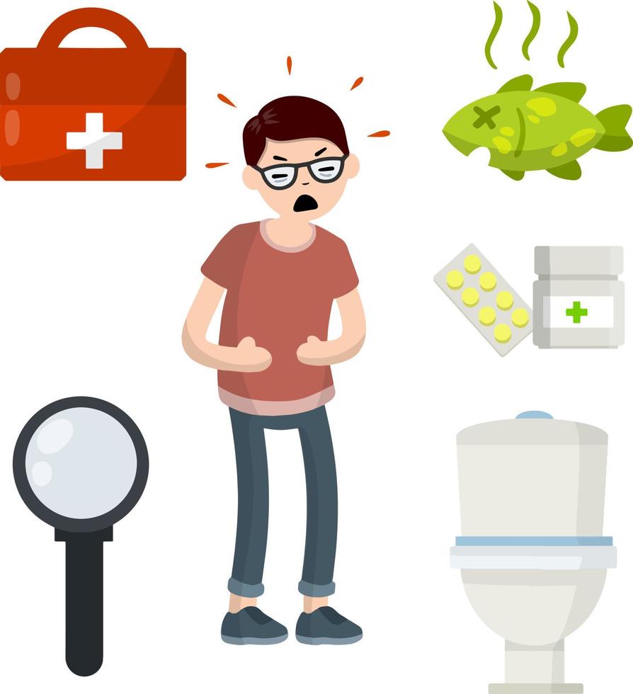 Diarrhea, upset stomach. Man holding belly. Set of indigestion Icons. Health problem. Toilet bowl, medicine and pills, rotten fish and food. Medical assistance in case of poisoning. Poor nutrition vector