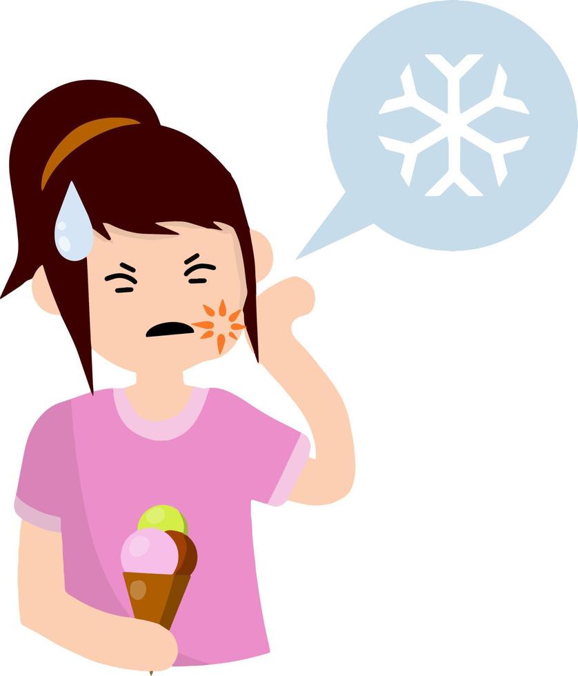 sensibilidad dental hombre y helado. dolor en la mejilla y frío. chico triste. ilustración plana de dibujos animados. dolor y necesidad de tratamiento. burbuja con un icono de copo de nieve vector