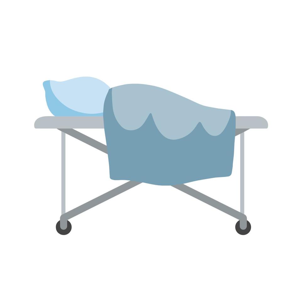 Medical bed on wheels. Clinic furniture. Hospital bed or stretcher with pillow and blanket. Flat simple illustration isolated on white vector