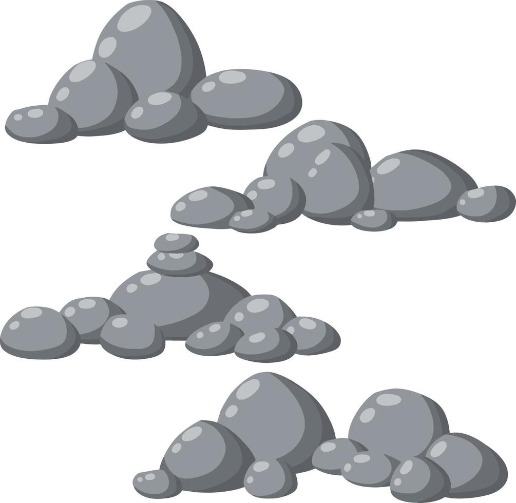 conjunto de piedras de granito gris de diferentes formas. elemento de la naturaleza, montañas, rocas, cuevas. minerales, cantos rodados y adoquines. ilustración plana de dibujos animados vector