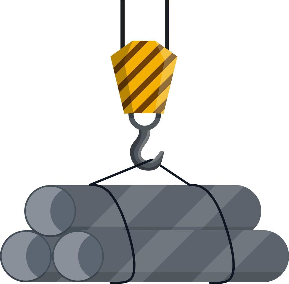 Crane with iron pipes. Industrial Cargo on hook. Lifting objects. Item of plant and port. Technical Transportation and storage. Mechanism with a rope. Cartoon flat illustration vector