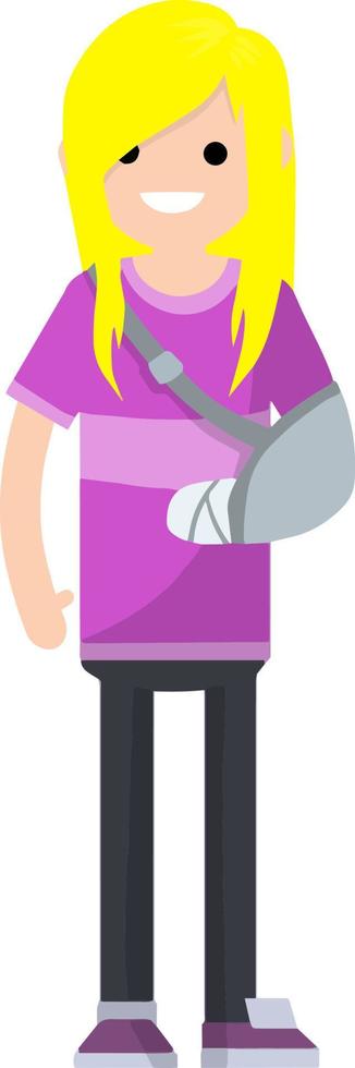 Woman with broken arm in the hospital. Providing medical care. Trauma patient girl. Hand in bandage. Cartoon flat illustration vector