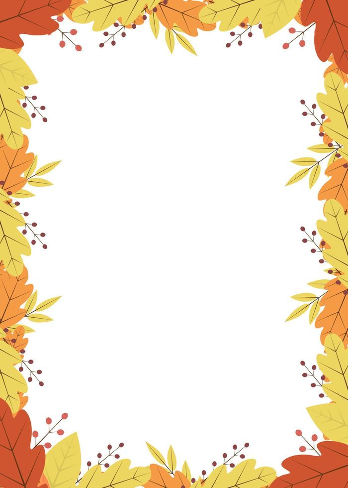 Vertical frame of colorful autumn leaves and berries. Fall theme vector illustration. Thanksgiving day greeting card or invitation.Template with copy space for your design projects.