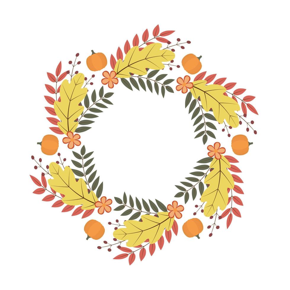 Wreath of colorful autumn leaves, flowers and pumpkin. Fall theme vector illustration. Thanksgiving day greeting card or invitation.
