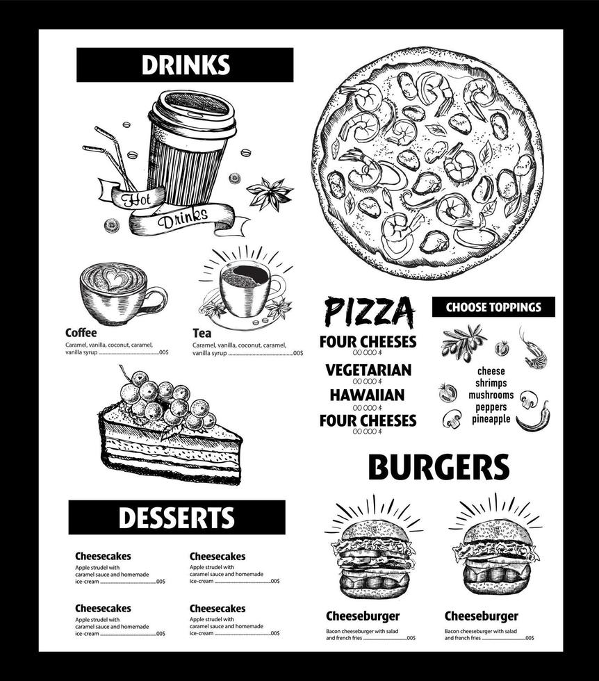 Menu restaurant brochure. Flyer with hand-drawn graphic. vector