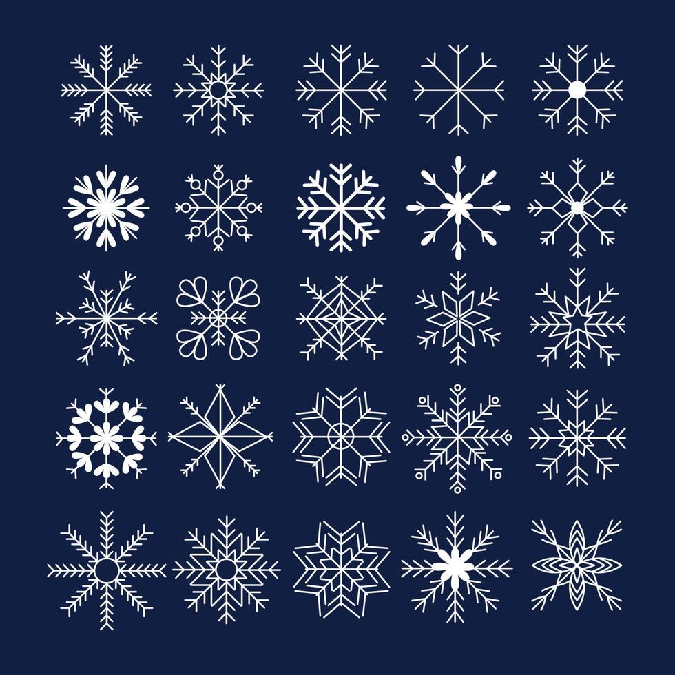 conjunto de 25 copos de nieve blancos, colección navideña - vector