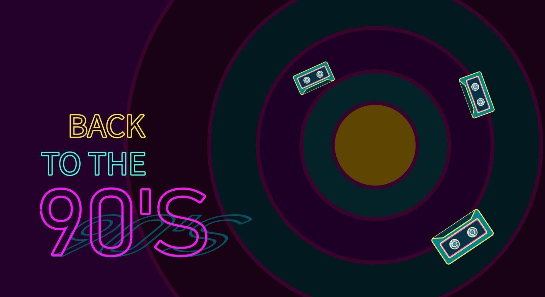 90's design with a neon style. Dark background with holographic shape, retro, color, banner vector