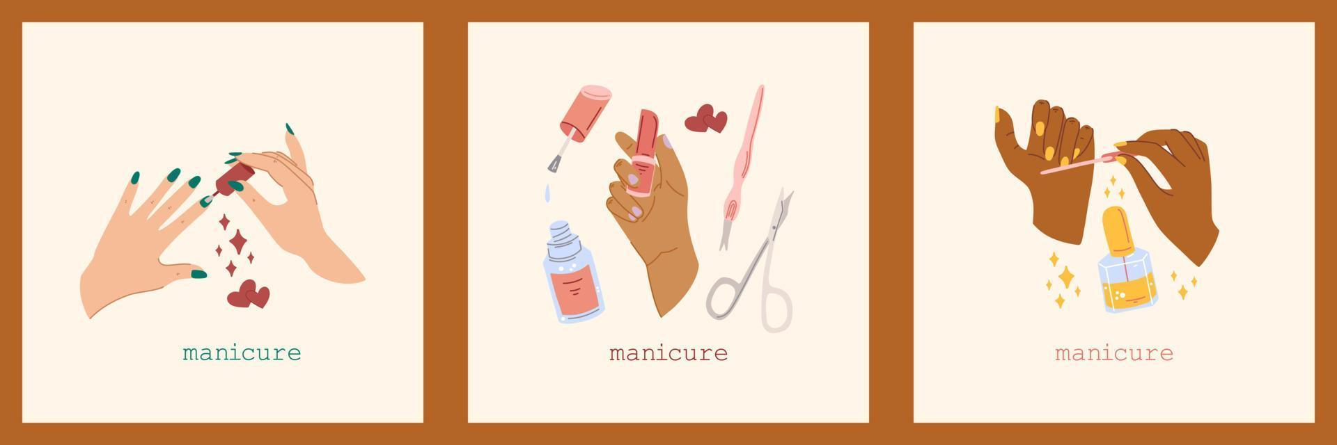 Female hands and manicure accessories. Hand drawn vector illustration of paint nails, polishing nails set of square template