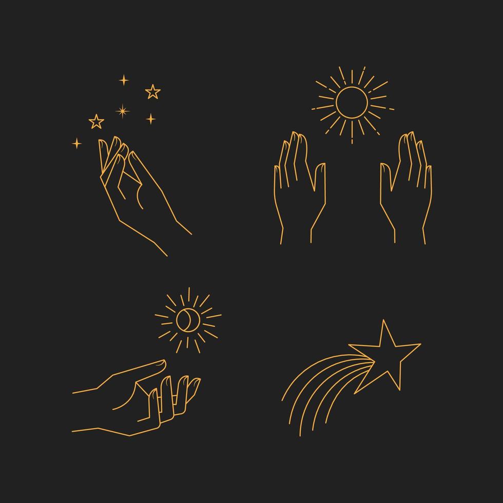 Aesthetic hands and cosmic and celestial elements. Universal cosmos related icons. Linear vector illustrations. Magic and Witchcraft symbology.