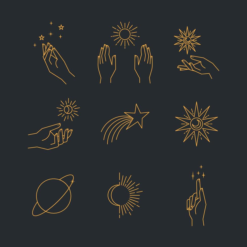 Aesthetic hands and cosmic and celestial elements. Universal cosmos related icons. Linear vector illustrations. Magic and Witchcraft symbology.