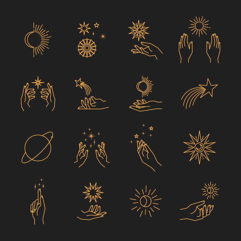 Aesthetic hands and cosmic and celestial elements. Universal cosmos related icons. Linear vector illustrations. Magic and Witchcraft symbology.