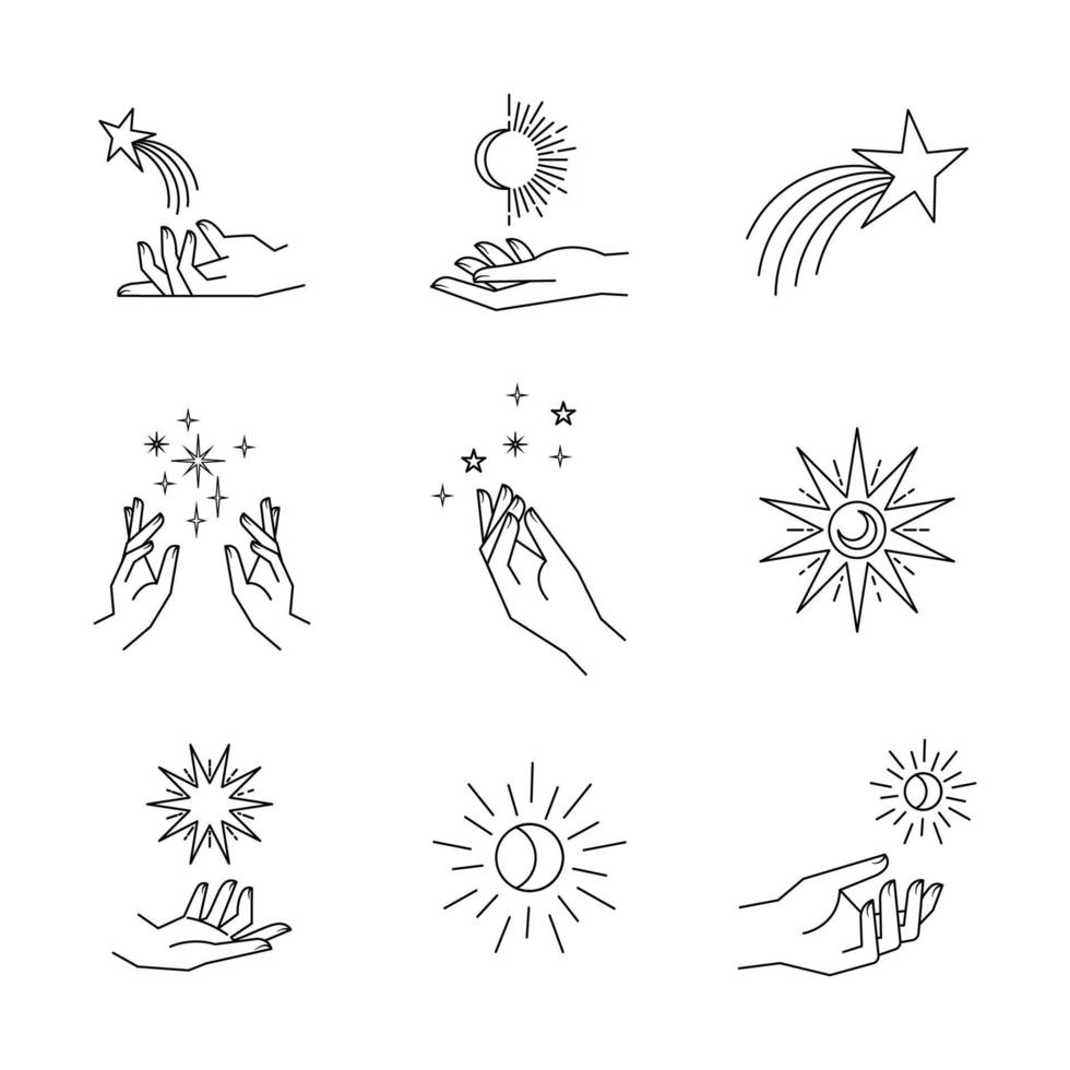 Aesthetic hands and cosmic and celestial elements. Universal cosmos related icons. Linear vector illustrations. Magic and Witchcraft symbology.