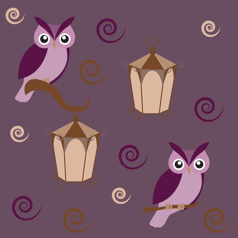 Cute owl and street lamp in cartoon style. Seamless pattern. Vector illustration.