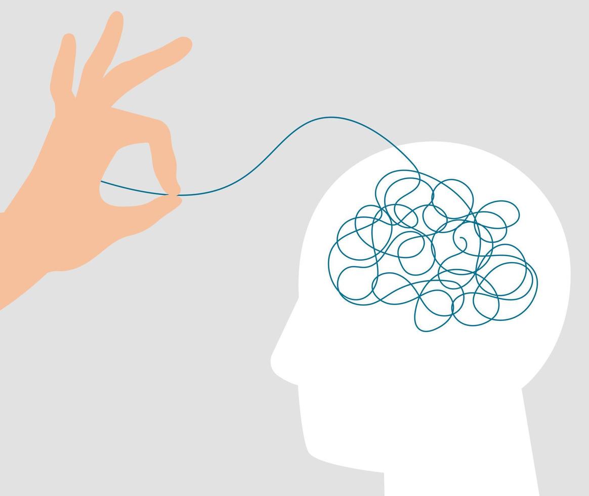 Character with tangled negative thoughts gets support from a therapist. Person has stress and depression get a help from psychologist. Mental health disorders and psychological problems concept. vector