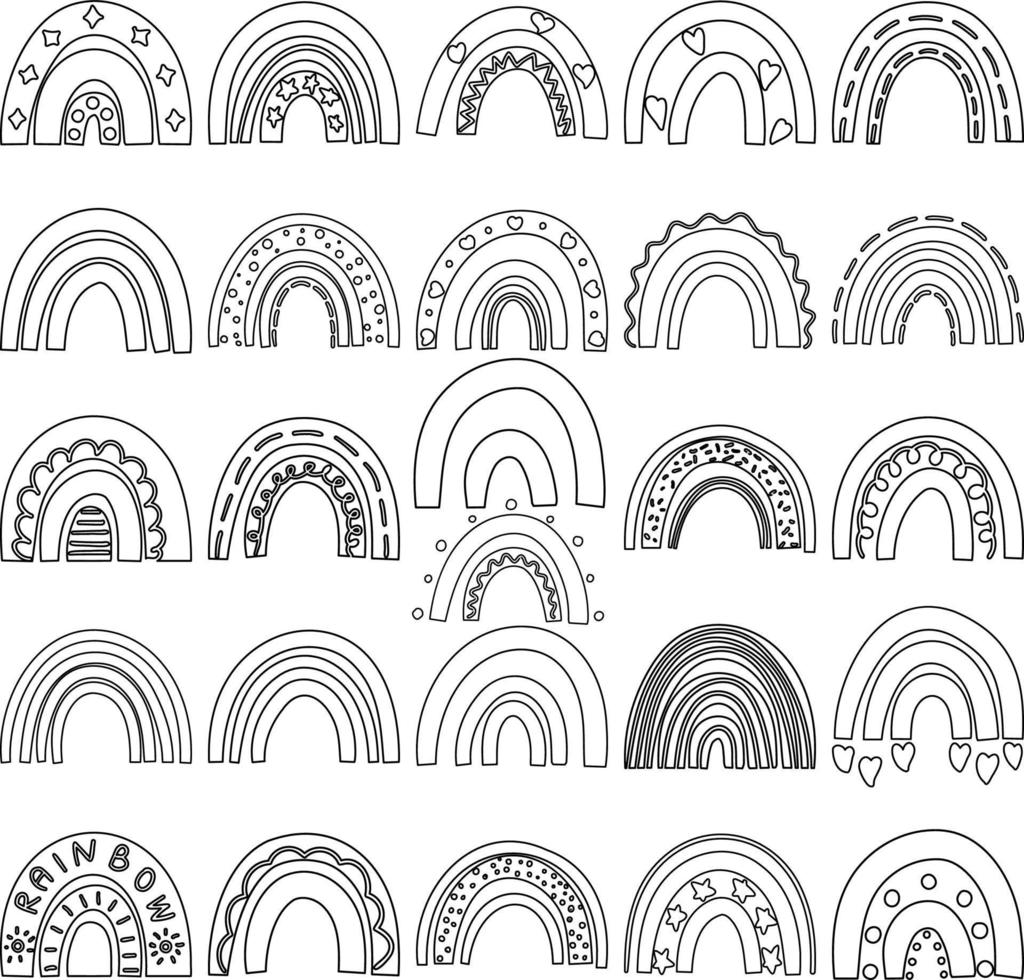 Rainbows Hand Drawn Doodle Line Art Outline Set vector