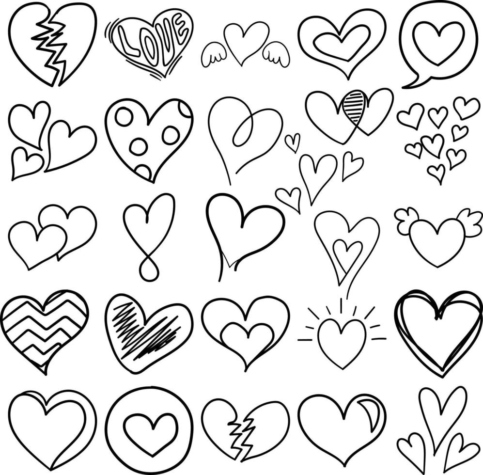 Hearts Hand Drawn Doodle Line Art Outline Set vector