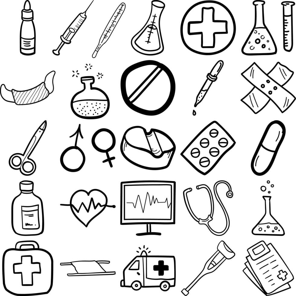 conjunto de esquema de arte de línea de doodle dibujado a mano de medicina vector