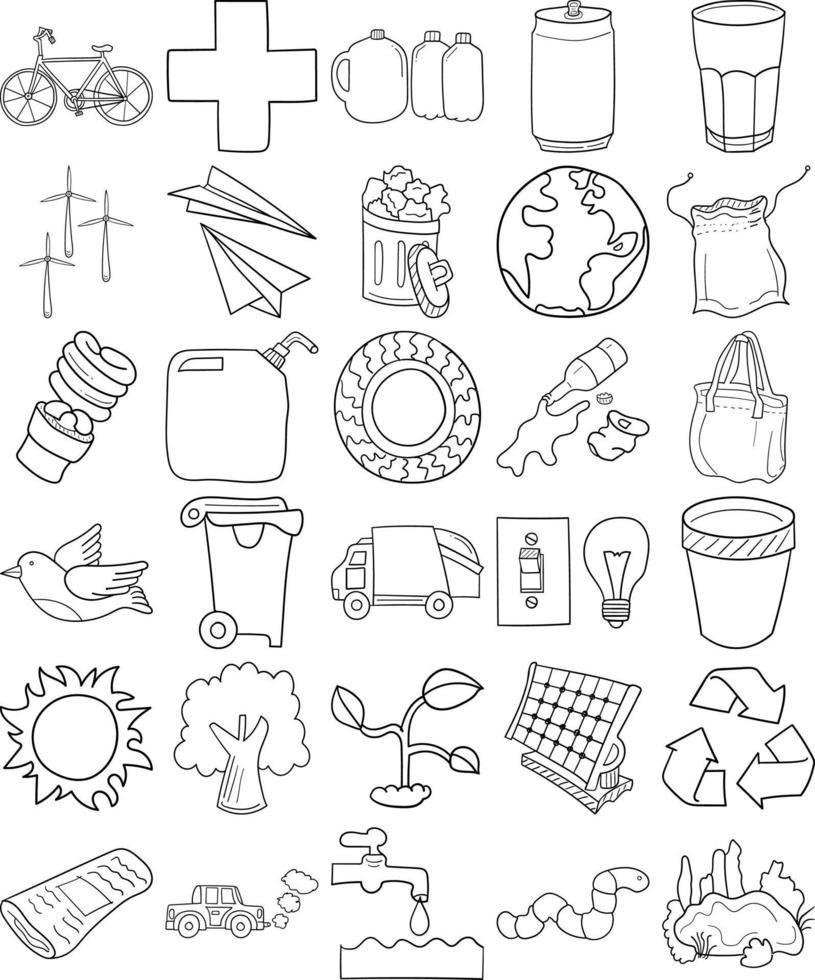 Earth Day Hand Drawn Doodle Line Art Outline Set vector