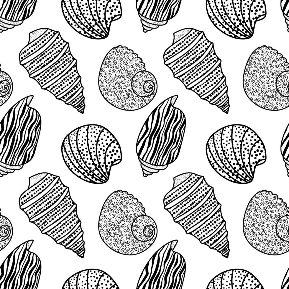 Vector seamless pattern. Line art sketch seashells. Isolated background. Decoration symbol of health calcium. Summer, sand and beach design. Repetitive ornament.