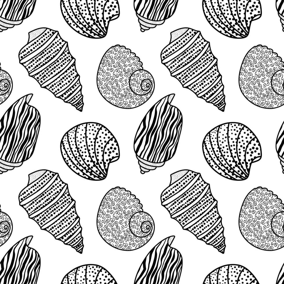 Vector seamless pattern. Line art sketch seashells. Isolated background. Decoration symbol of health calcium. Summer, sand and beach design. Repetitive ornament.