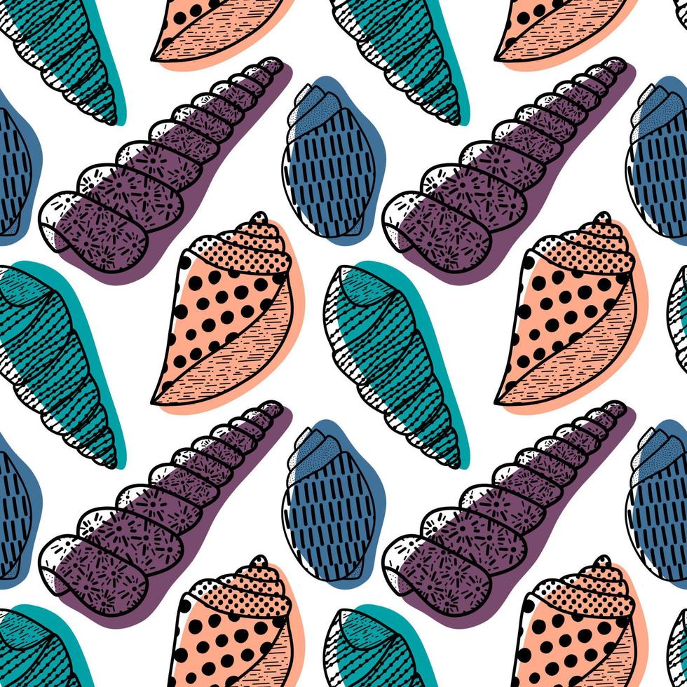 Vector seamless pattern. Line art sketch seashells. Isolated background. Decoration symbol of health calcium. Summer, sand and beach design. Repetitive ornament.