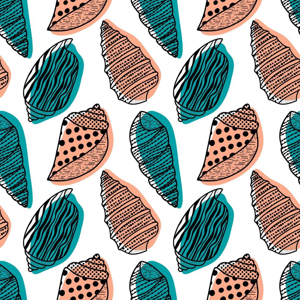 Vector seamless pattern. Line art sketch seashells. Isolated background. Decoration symbol of health calcium. Summer, sand and beach design. Repetitive ornament.