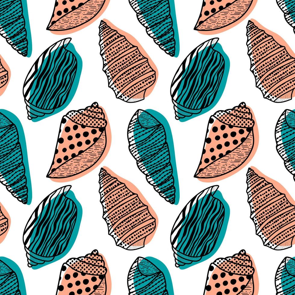 Vector seamless pattern. Line art sketch seashells. Isolated background. Decoration symbol of health calcium. Summer, sand and beach design. Repetitive ornament.