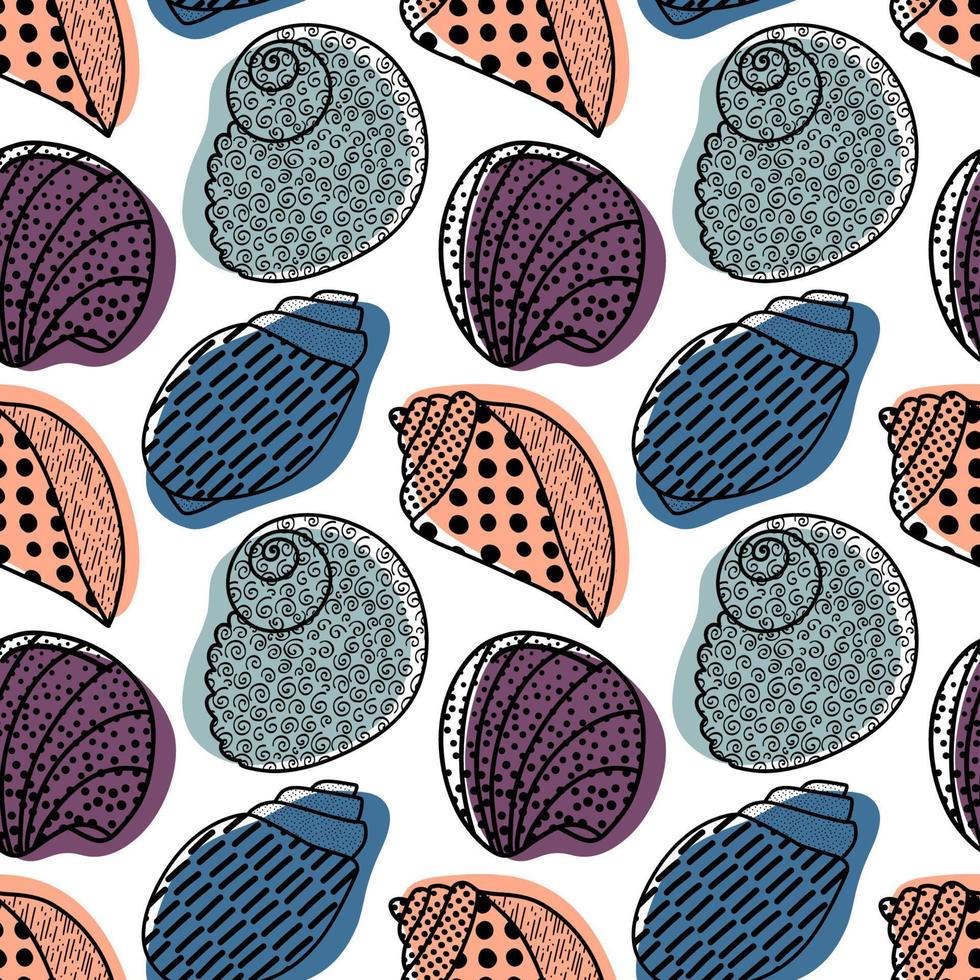 Vector seamless pattern. Line art sketch seashells. Isolated background. Decoration symbol of health calcium. Summer, sand and beach design. Repetitive ornament.