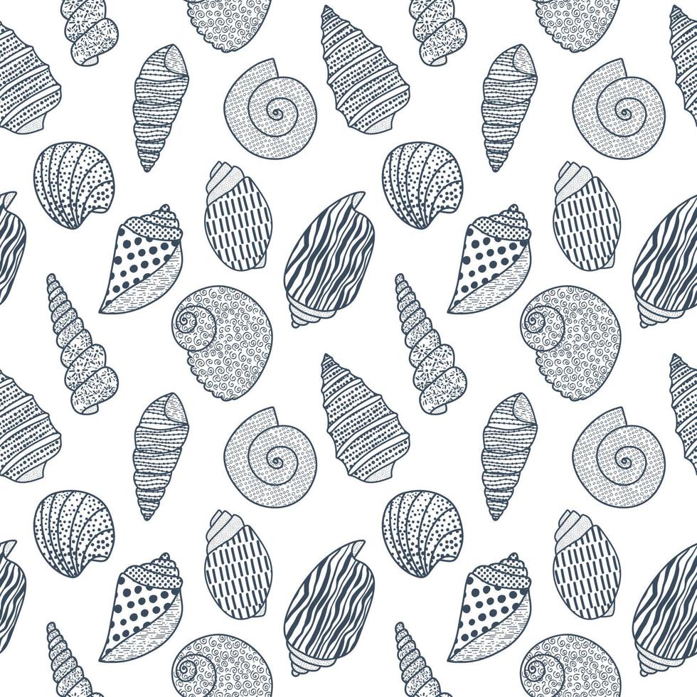 Vector seamless pattern. Line art sketch seashells. Isolated background. Decoration symbol of health calcium. Summer, sand and beach design. Repetitive ornament.