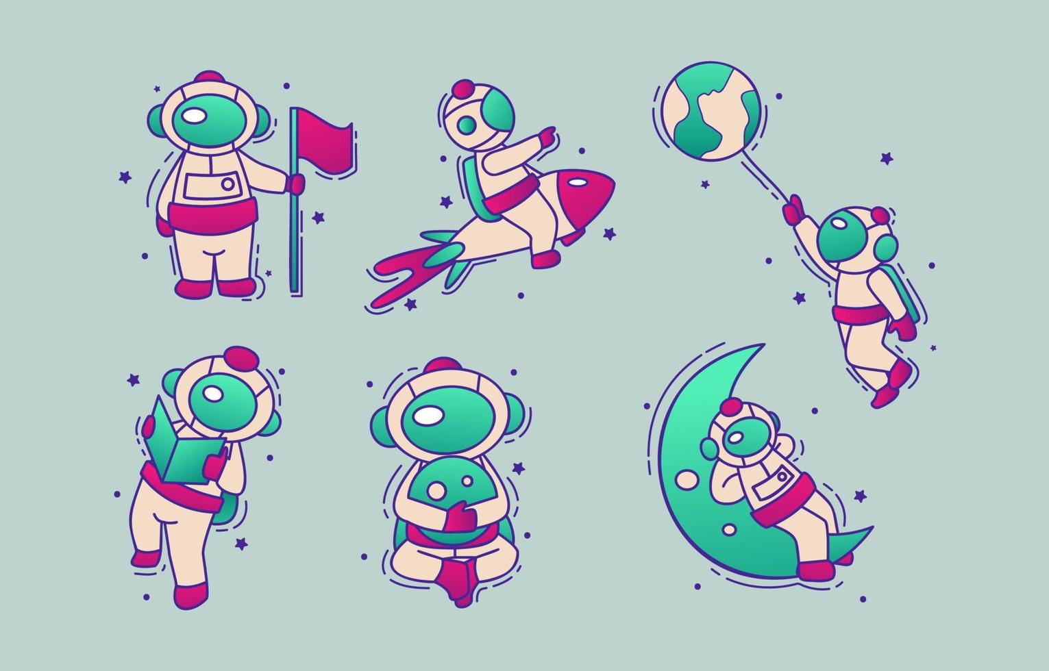 Cute Cartoon Little Astronaut Tattoo Set vector