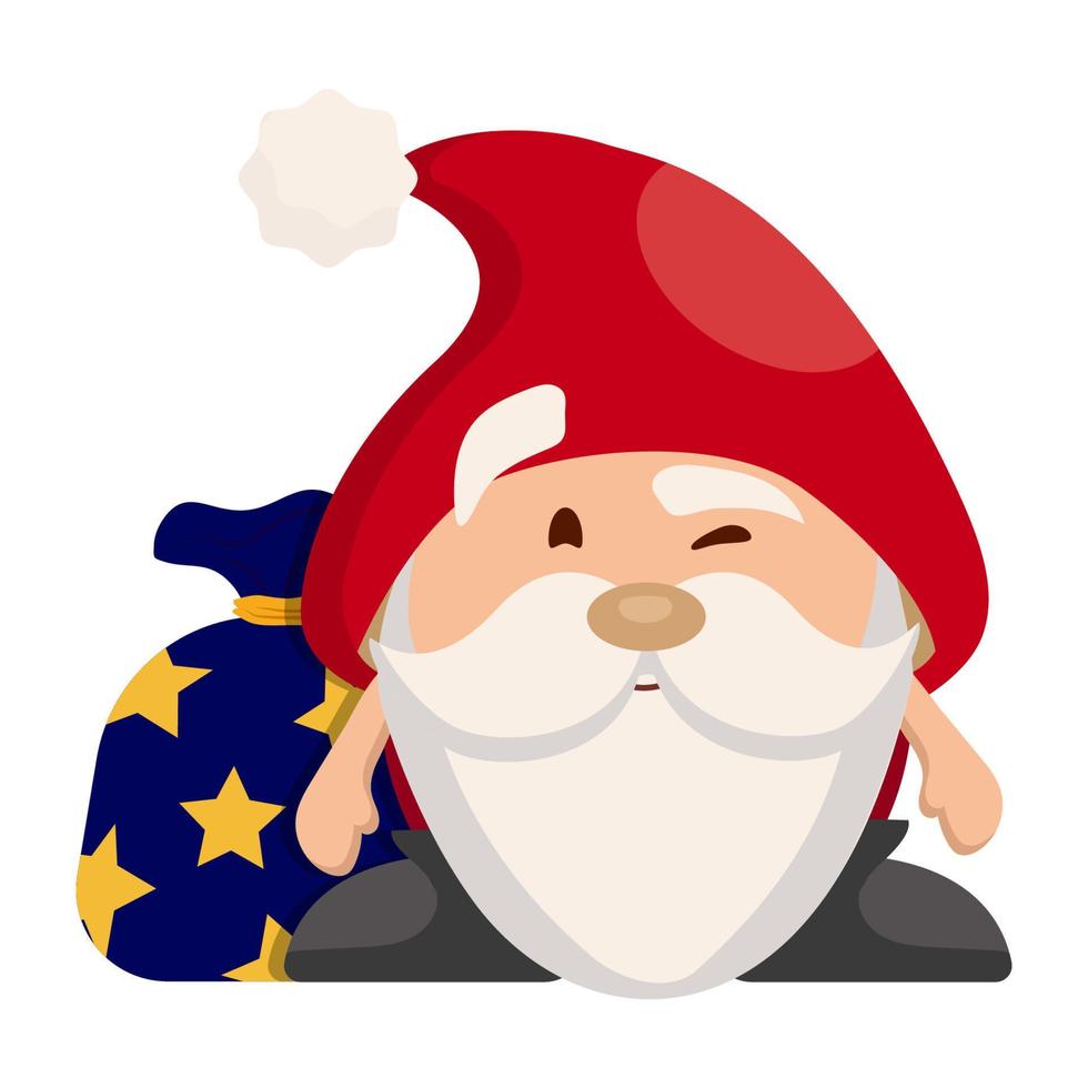 A joyful Santa Claus with a bag of presents. Winking character vector