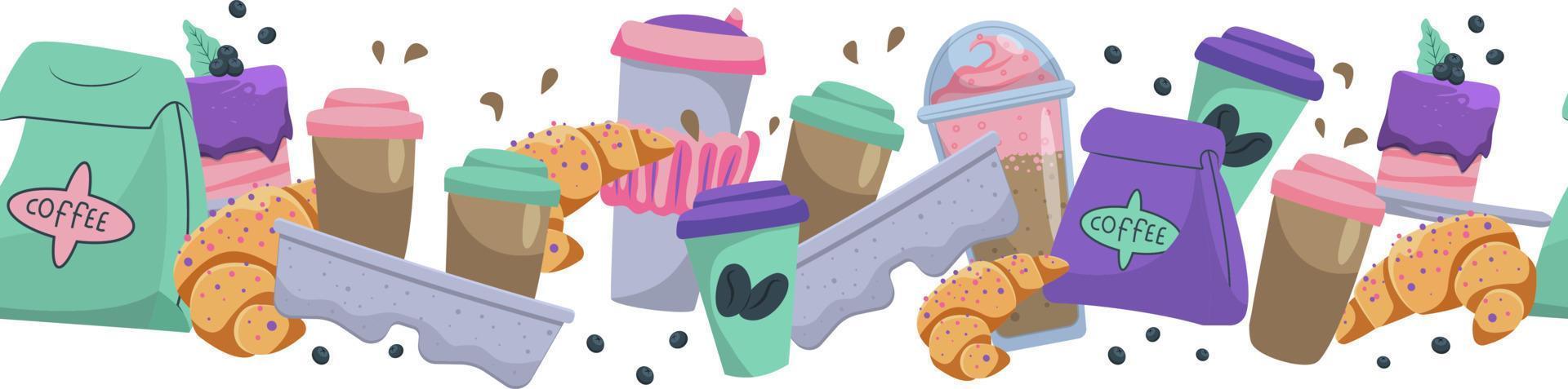 Seamless coffee border. Coffee in a glass to go with dessert and croissants. Vector pattern