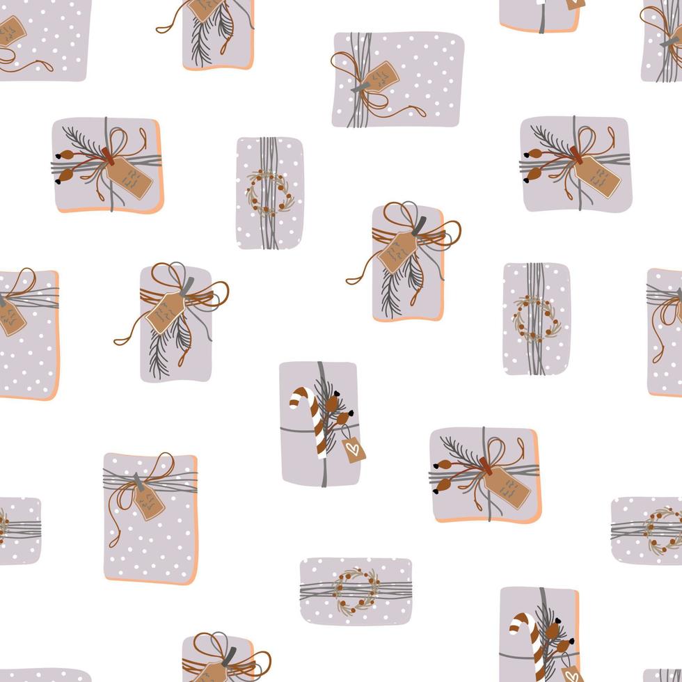 Cute holidays background. Vector seamless pattern with beautiful gift boxes on white backdrop. Merry Christmas and Happy New Year.