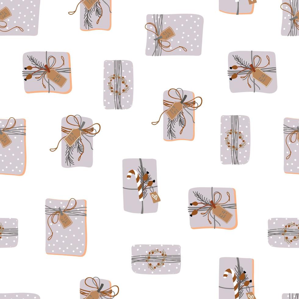 lindo fondo de vacaciones. patrón transparente de vector con hermosas cajas de regalo sobre fondo blanco. Feliz navidad y próspero año nuevo.