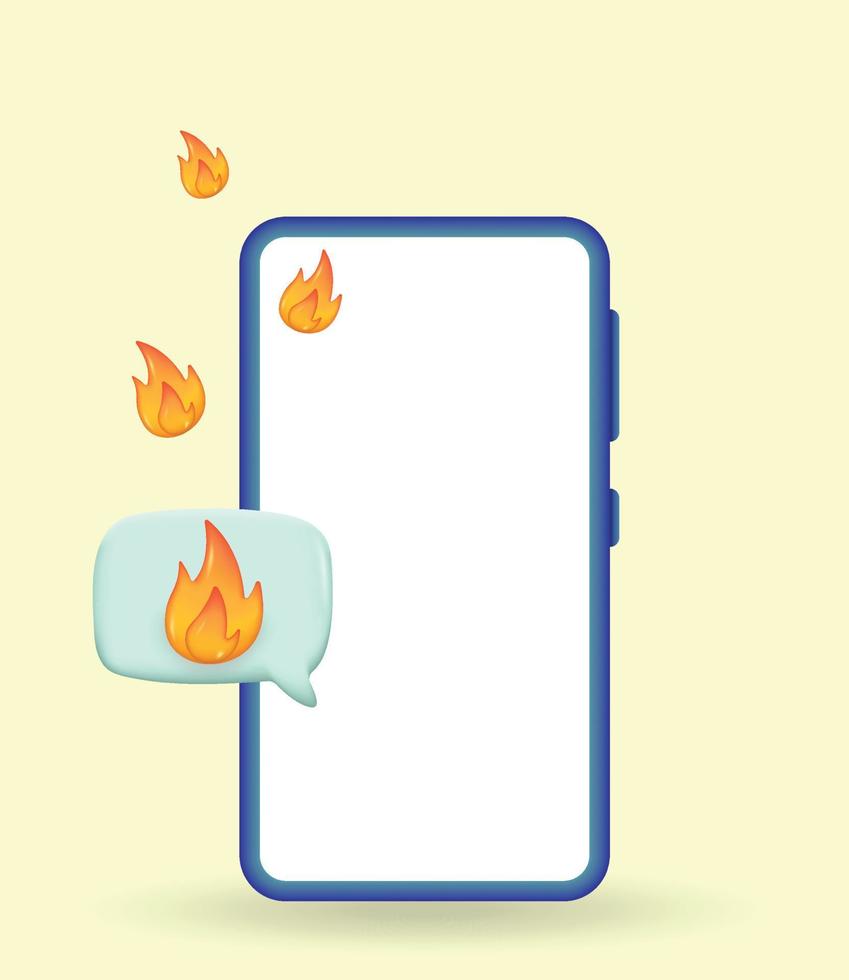 3d como mensaje con icono de fuego en el teléfono inteligente aislado. caliente como símbolo en pin redondeado. ilustración vectorial realista vector