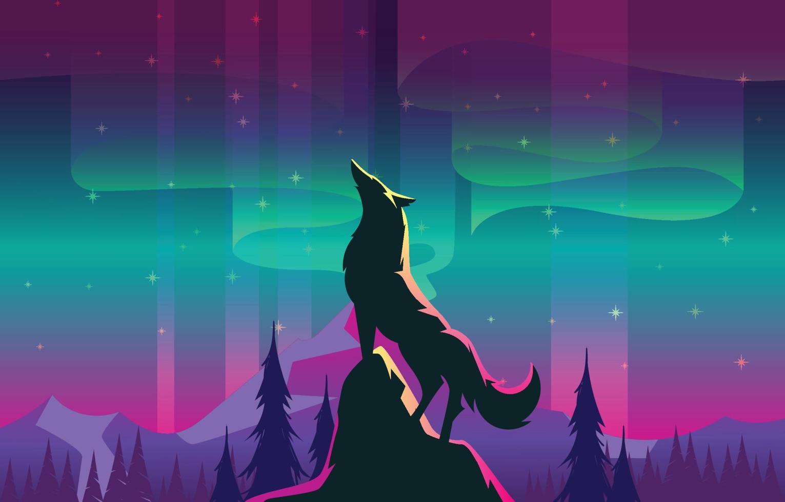 A Wolf With Northern Light in The Sky vector