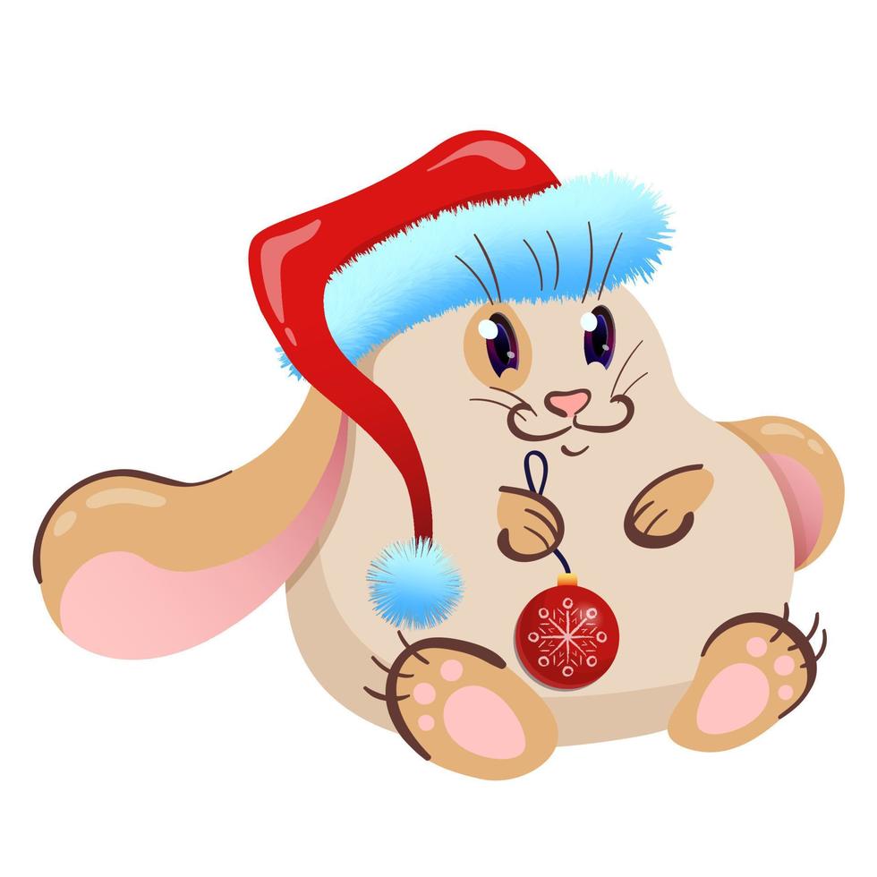Cute rabbit in Santa's red hat and with Christmas tree toy. Pet in cartoon style. Vector illustration isolated on white background.