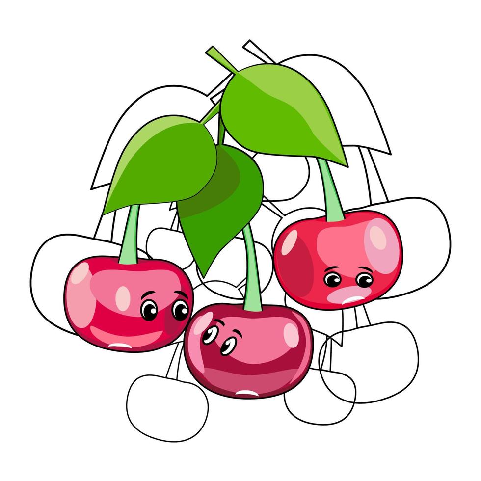 Funny cherries cartoon characters with cherries in flat technique vector