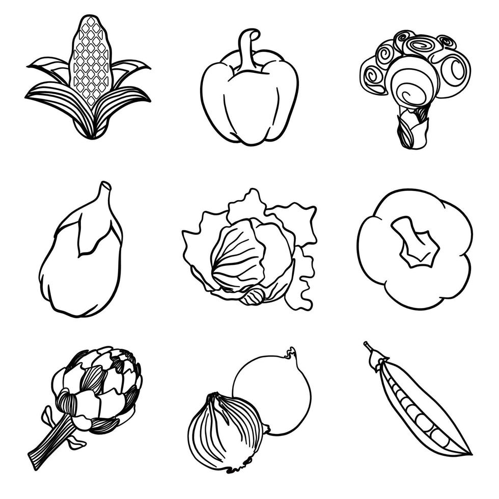 Set of vegetables in doodle line art technique vector