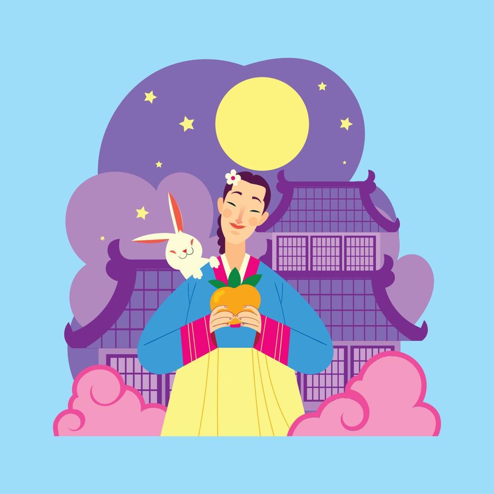 Cute Korean Girl and The Bunny with a Big Persimmon vector