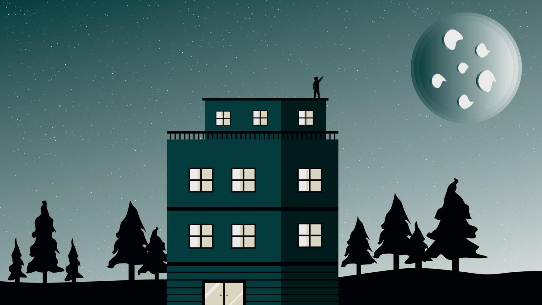 Vector landscape with a house and trees under the moon