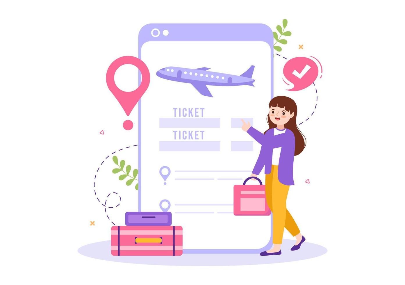 Ticket Travel Online Booking Service App on Smartphone Template Hand Drawn Cartoon Flat Illustration for Trip Planning vector