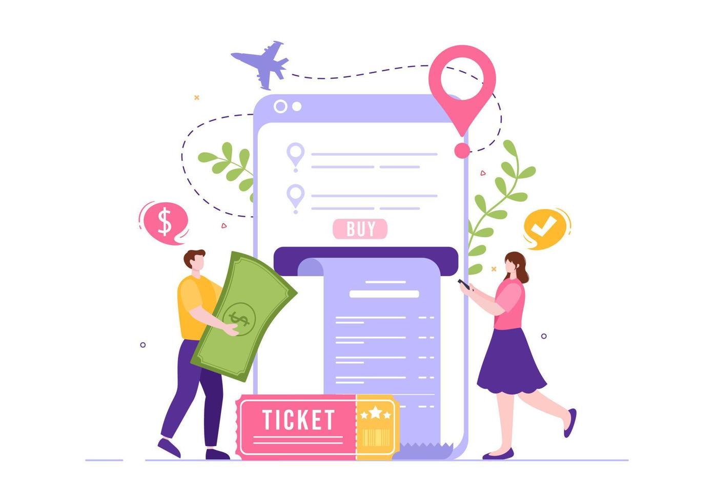 Ticket Travel Online Booking Service App on Smartphone Template Hand Drawn Cartoon Flat Illustration for Trip Planning vector