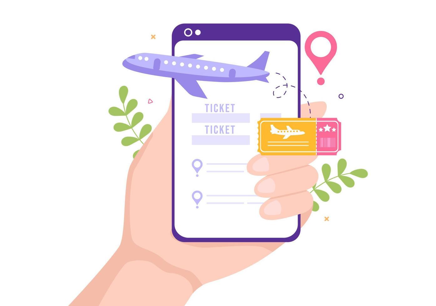 Ticket Travel Online Booking Service App on Smartphone Template Hand Drawn Cartoon Flat Illustration for Trip Planning vector