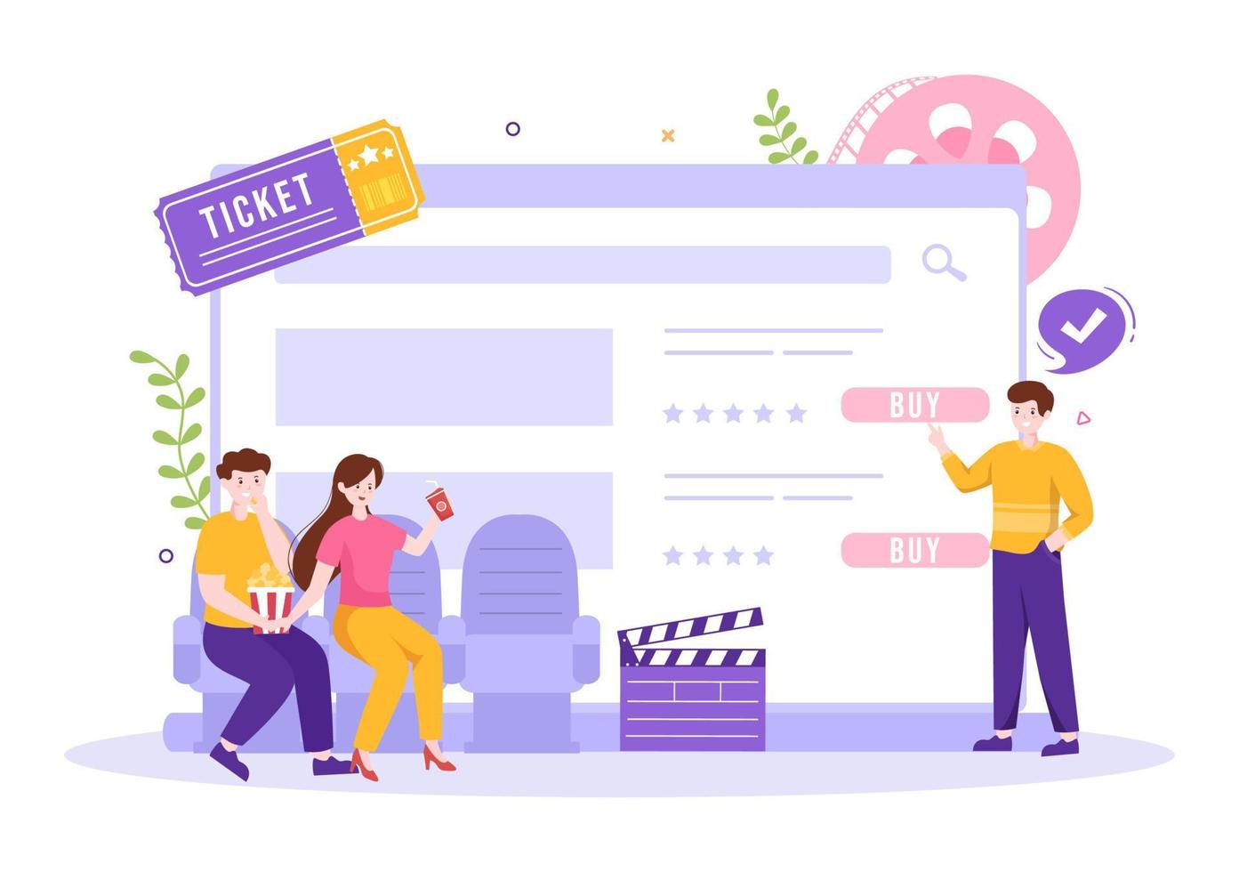 Cinema Ticket Movie for Film Entertainment, Popcorn and Strip Cinematography Template Hand Drawn Cartoon Flat Illustration vector