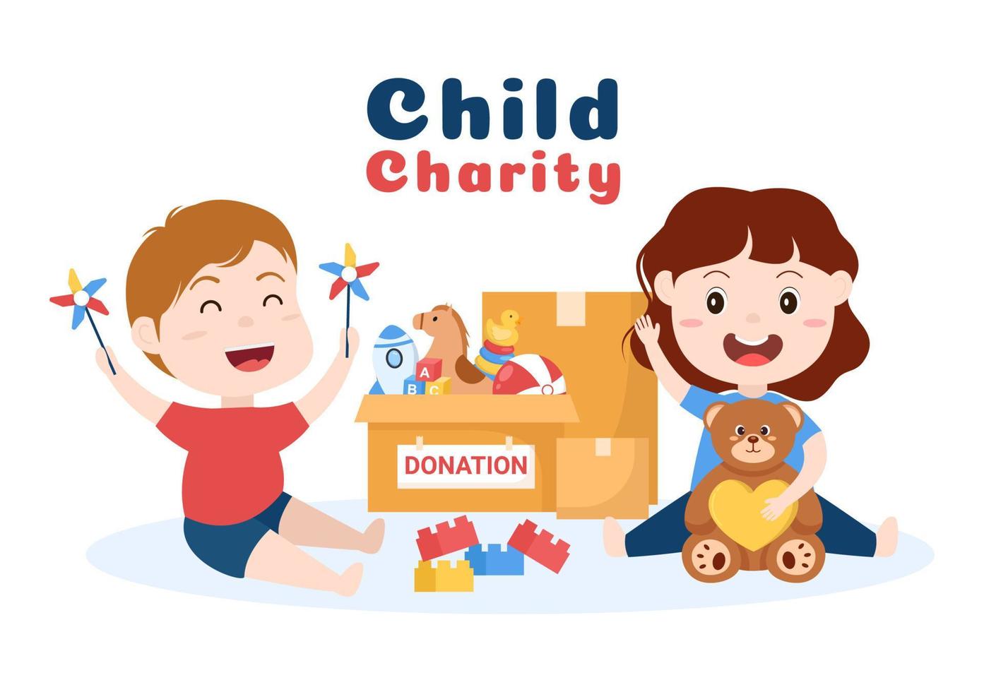 caja de donación de cartón que contiene juguetes para niños, atención social, voluntariado y caridad en dibujos animados dibujados a mano ilustración plana vector