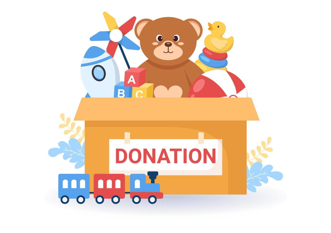 caja de donación de cartón que contiene juguetes para niños, atención social, voluntariado y caridad en dibujos animados dibujados a mano ilustración plana vector